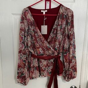 LC Lauren Conrad Red Floral Sequin Blouse